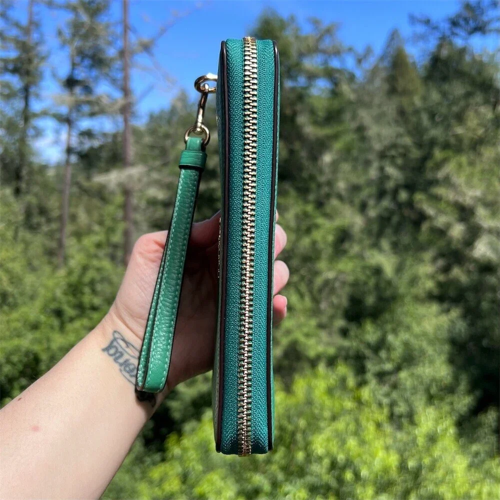 COACH Long Zip-Around Green Pebble Leather Wallet with Gold Hardware AUTHENTIC